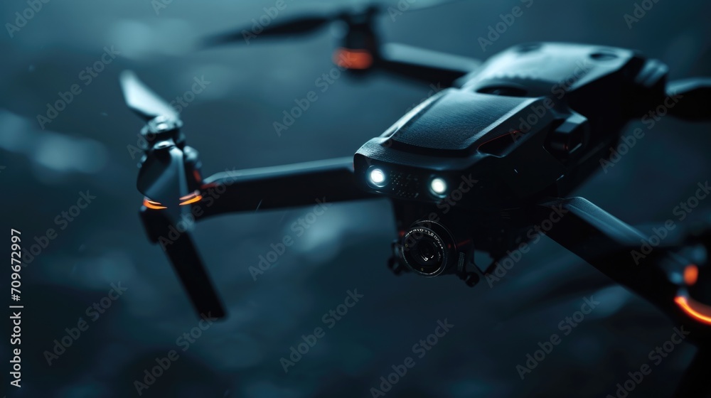 Poster a close up of a camera drone flying in the sky. perfect for capturing aerial shots and breathtaking 