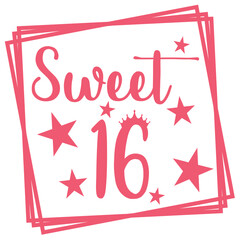 Sweet sixteen 16 birthday party pink number alphabet sign design star crown celebration girl star frame square 