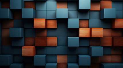 Modern 3D rendering of an abstract cube pattern with a harmonious blend of blue and wooden textures.