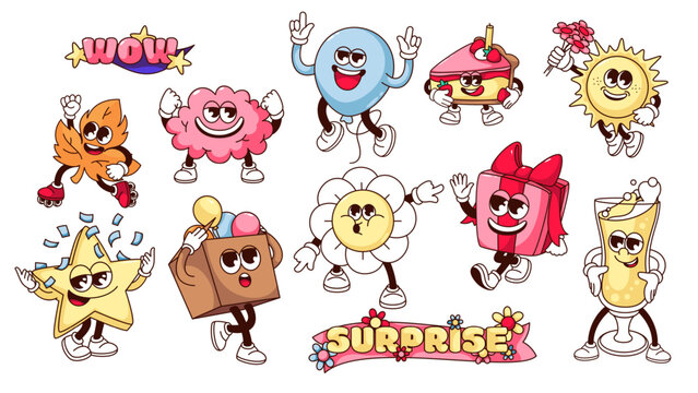 Groovy birthday party characters set vector illustration. Cartoon isolated retro comic stickers of surprise birthday gifts collection, weird sun and maple leaf, champagne glass and balloon greeting