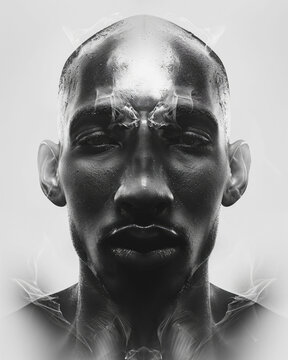 Surreal portrait of a black man with plastic wrapping. Generative AI image