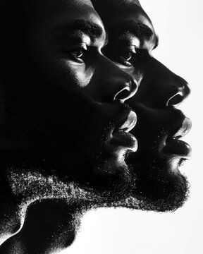 Multiple exposure portrait of black man in monochrome. Generative AI image