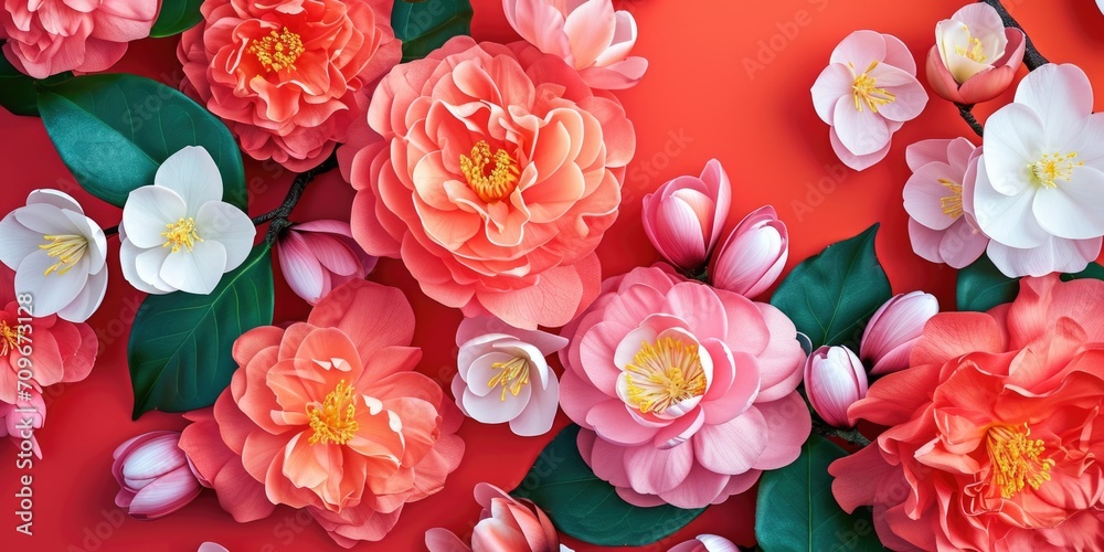 Poster A collection of paper flowers arranged on a vibrant red surface. Perfect for adding a pop of color to any project or decor