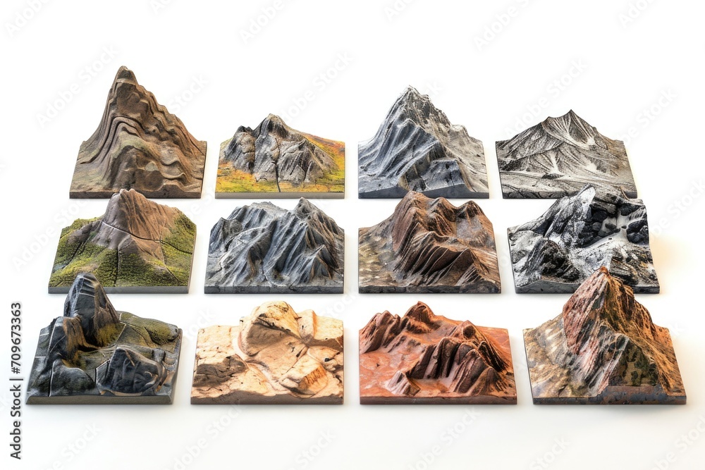 Poster a collection of miniature mountains on a white surface. suitable for various creative projects