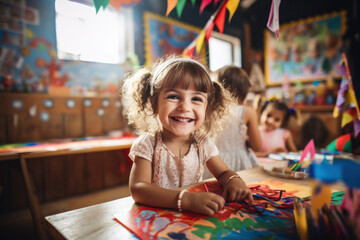 In a joyful kindergarten classroom, delighted children engage in educational play, fostering...