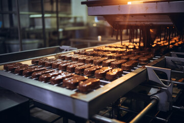 In an industrial confectionery factory, a conveyor line processes chocolates with skilled hands and...