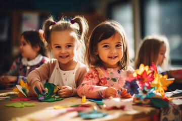 In a charming kindergarten classroom, adorable children create homemade origami, fostering creativity and togetherness.