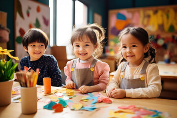 Fototapeta premium In a kindergarten filled with adorable children, boys and girls explore educational papercraft, fostering creativity.
