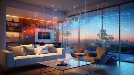 Modern living room with blue virtual reality interface and icons. Concept art of a digital holographic artificial intelligence (ai) smart technology in a house. Generated AI - obrazy, fototapety, plakaty