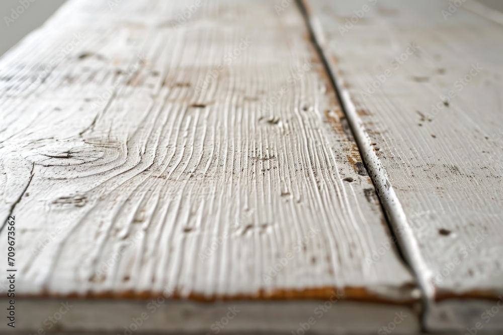 Poster Close-up view of a wooden table with peeling paint. This image can be used to depict rustic or vintage settings