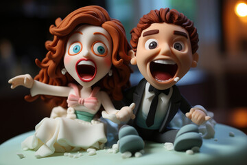 Cheerful funny bride and groom figurines wedding cake decoration