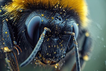 A detailed close-up of a bee's face with glistening water droplets. Perfect for nature enthusiasts and those interested in macro photography - obrazy, fototapety, plakaty