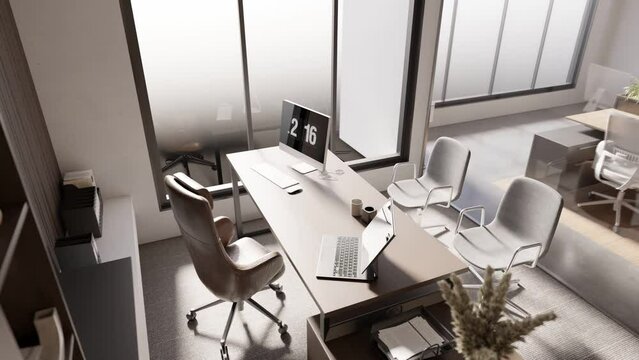3d rendering animation of modern office with laptop and desktop empty chair meeting with customer and colleagues 