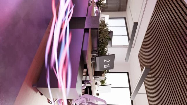 vertical of flowing energy in empty office workstation with laptop 3d rendering animation 