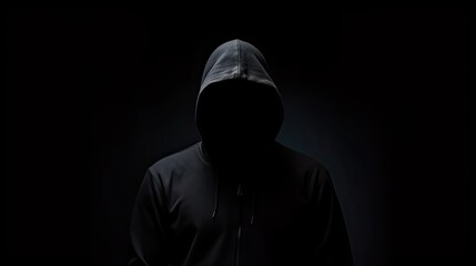 Intriguing image of a mysterious hacker wearing a black hood in the dark, isolated and shrouded in secrecy, evoking a sense of digital danger and cybersecurity threats - obrazy, fototapety, plakaty