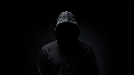 Fotobehang Intriguing image of a mysterious hacker wearing a black hood in the dark, isolated and shrouded in secrecy, evoking a sense of digital danger and cybersecurity threats © Lars