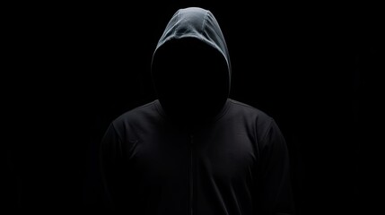 A striking silhouette of a hooded person, embodying the enigma of a hacker in the dark, isolated against a black background, evoking a sense of cybersecurity intrigue and danger - obrazy, fototapety, plakaty