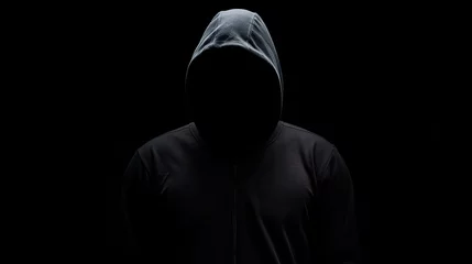 Fotobehang A striking silhouette of a hooded person, embodying the enigma of a hacker in the dark, isolated against a black background, evoking a sense of cybersecurity intrigue and danger © Lars