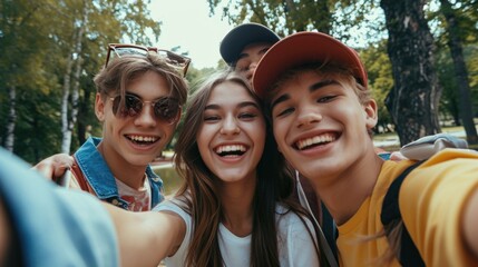 A group of friends capturing a moment with a selfie in a park. Perfect for social media posts and friendship-themed designs