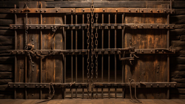 The heavy wooden doors and iron chains of an ancient dungeon, invoking a sense of history and foreboding mystery.