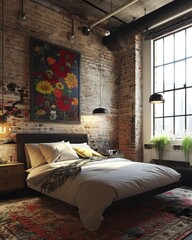A chic urban loft bedroom with an exposed brick wall, a sleek modern bed, edgy industrial lighting, and an artistic layout of bright city-inspired gerbera daisy petals