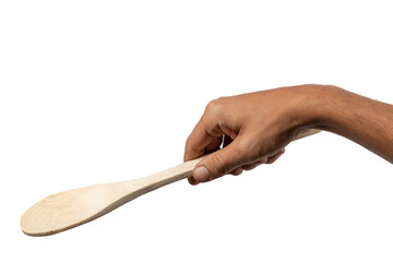 Male hand holding wooden spoon no background.