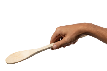 Male hand holding wooden spoon no background.