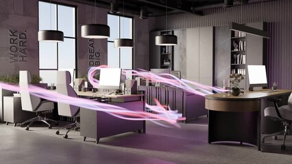 modern co working space office conference room with empty laptop desktop 3d rendering animation 