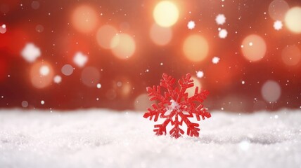 One large red snowflake on the snow on a red blurred background of the side. A place for the text. New Year's background. A Christmas card.