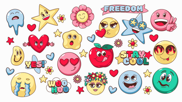 Groovy psychedelic cartoon smiley set. Funny retro emoji with weird face and drips, cartoon emoticon with trippy and happy, love and sad expression, psychedelic smiley of 70s 80s vector illustration