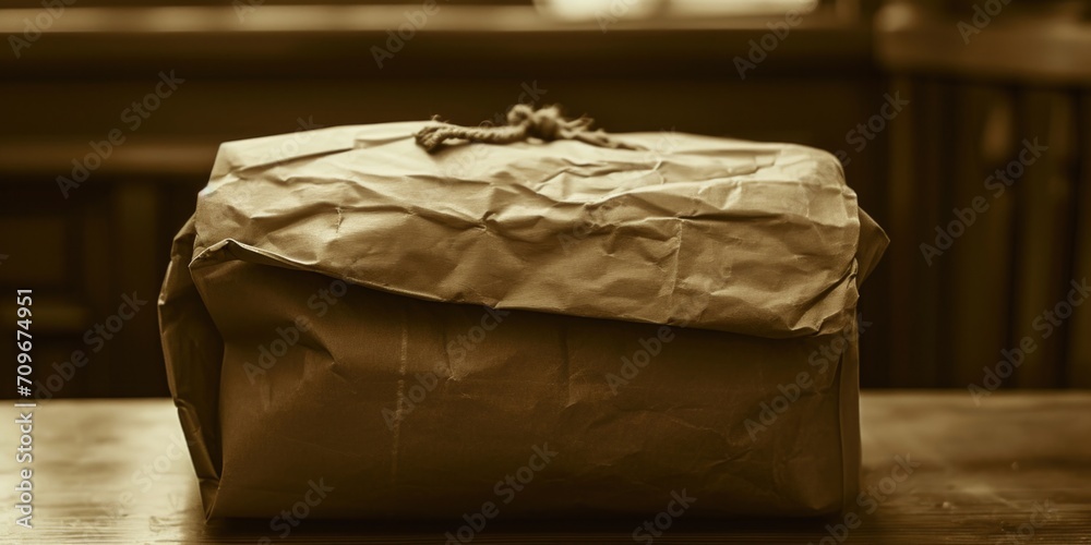 Poster A simple image of a brown paper bag placed on a wooden table. This versatile picture can be used in various contexts