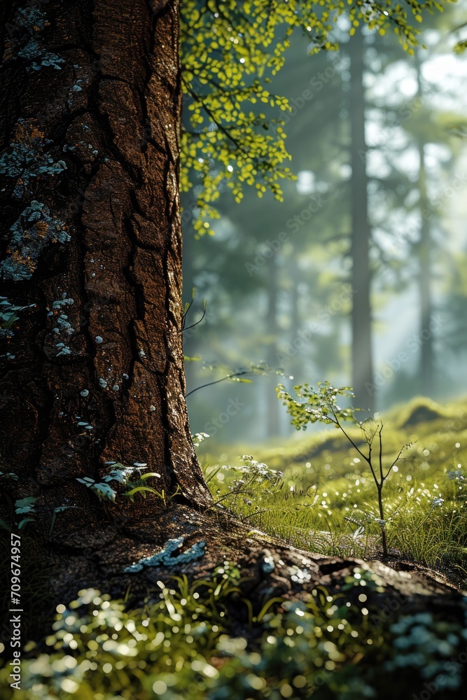 Poster a picture of a tree standing in the middle of a forest. this image can be used to depict nature, tra