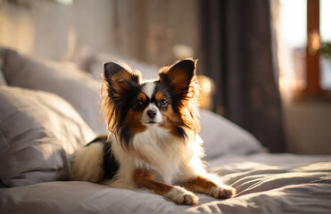 Papillon dog in cozy room