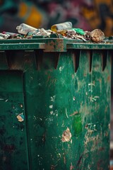 A detailed view of a green trash can. Perfect for illustrating waste management or recycling concepts