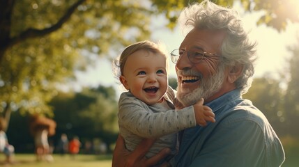 Fototapeta na wymiar Gray-Haired Grandfather Holds Grandson in Joyful Park Day. Heartwarming Moments of Multi-Generational Bliss. Family Fun and Togetherness, Creating Cherished Memories on Happy Holidays.