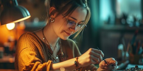 A woman is sitting at a table, focused on working on a piece of jewelry. This image can be used to depict creativity, craftsmanship, or the art of jewelry making - obrazy, fototapety, plakaty