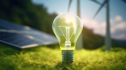 An illuminated light bulb in a grass field with solar panels in the background symbolizes sustainable energy and eco-friendly solutions.