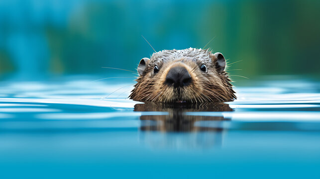  a close-up of a beaver, a symbol of Canada's wildlife, with a background of a clear blue lake, creating an endearing image for a Canada Day 2024 card