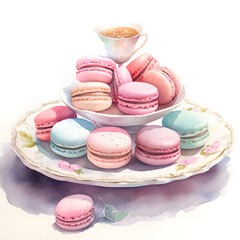 Fototapeta na wymiar Watercolor painting of macarons on a ceramic stand plate.