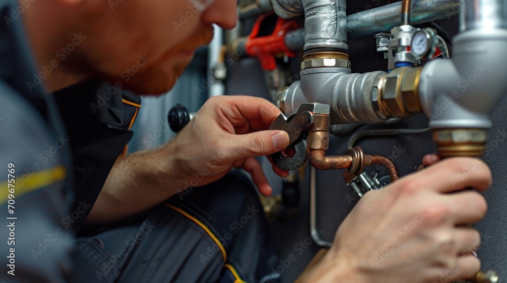 Poster a man is seen working on a water heater with the assistance of a wren. this image can be used to dep