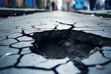 broken asphalt road with a hole - obrazy, fototapety, plakaty