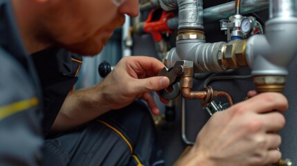 A man is seen working on a water heater with the assistance of a wren. This image can be used to depict home repairs and the presence of nature in everyday tasks