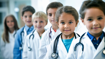 A group of young children wearing doctor coats and stethoscopes, posing in a hospital corridor. Group of Children Dressed as Doctors in a Hospital Setting