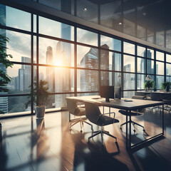 Contemporary Workspace: Modern Open Office with Expansive Glass Facades - Generative AI