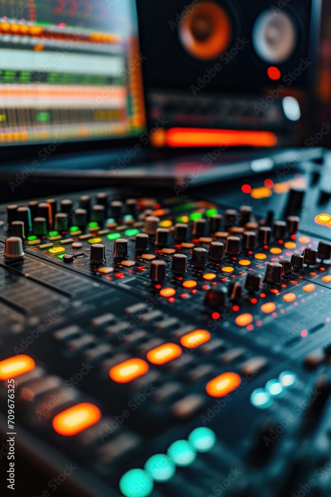Poster A detailed view of a mixing board in a professional recording studio. This image can be used to represent music production, audio engineering, or the creative process in a recording studio