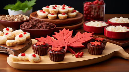 Obraz na płótnie Canvas a close-up of a Canadian-themed dessert display, showcasing delicious treats adorned with maple leaf patterns to mark the sweetness of Canada Day 2024