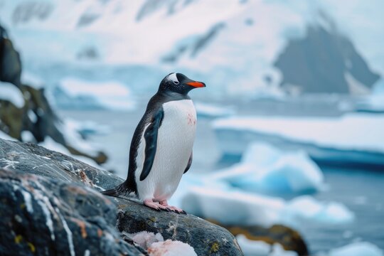 A penguin is sitting on a rock near the water. This image can be used to depict wildlife, nature, or animal habitats