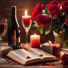 Romantic Valentine's Day Wine and Roses Composition