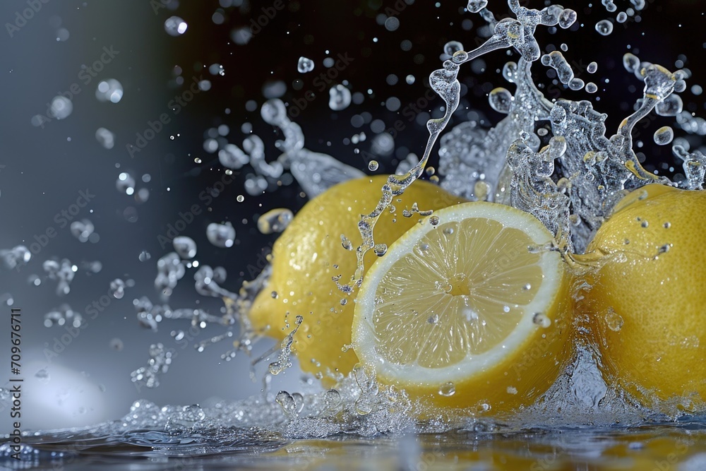 Poster Lemons floating in water. Can be used for refreshing drink concepts or as a background for summer-themed designs