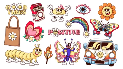 Foto op Plexiglas Groovy cartoon butterfly and flowers, set of hippy stickers. Funny retro mascots for hippie party, daisy flowers on van and heart, bag and rainbow. Cartoon emoji of 60s 70s style vector illustration © setory